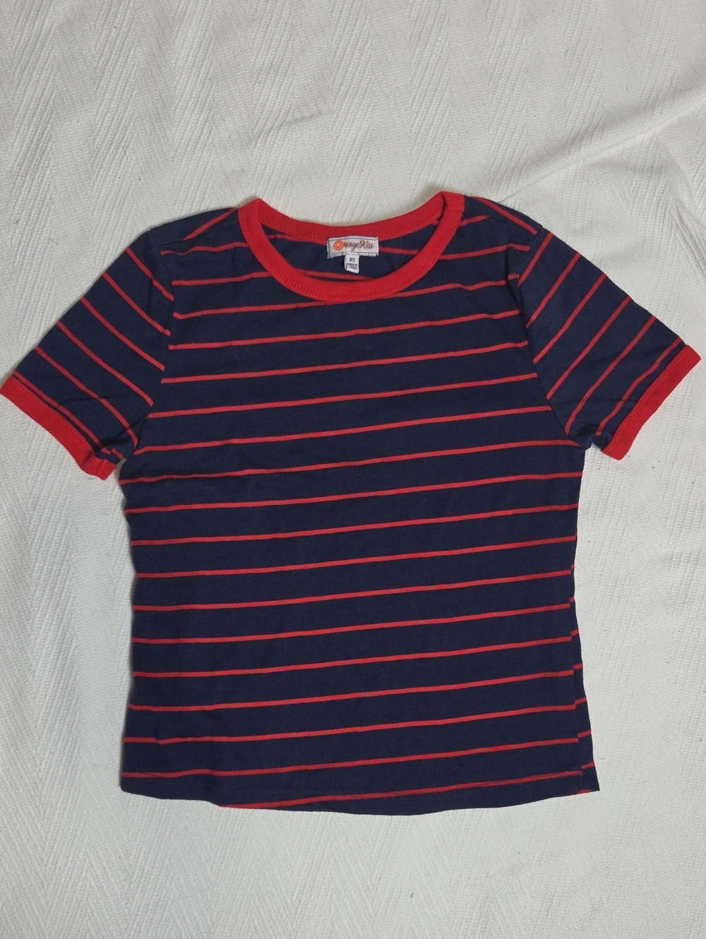 Orange Kiss Navy Blue Red Striped Ringer Baby Tee XS Cropped Tee